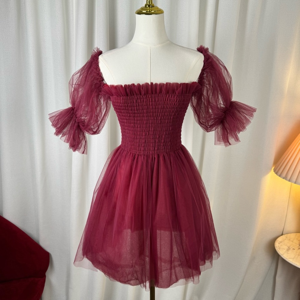 Beasha Studios Tulle Babydoll Wine Mini Dress with Puff Sleeves L